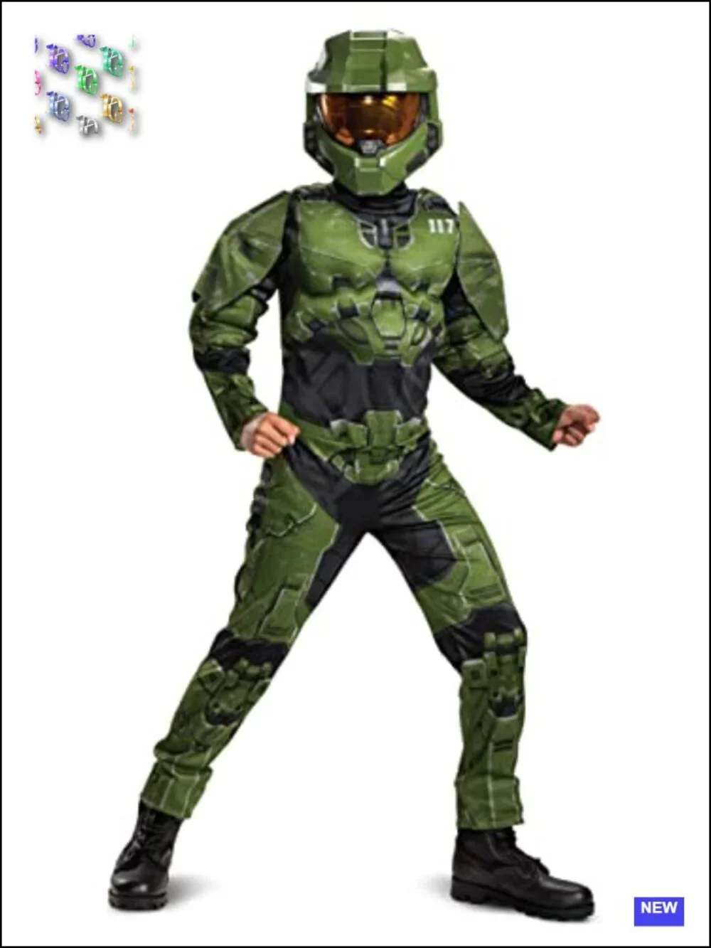 Kids Master Chief Muscle Costume Jumpsuit with Mask, Halo Infinite Cosplay,